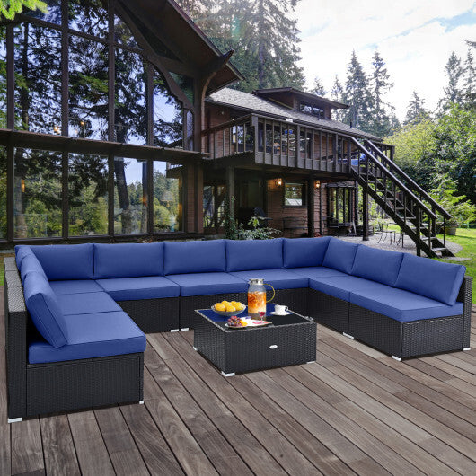 10 Piece Outdoor Wicker Conversation Set with Seat and Back Cushions-Navy - Color: Navy