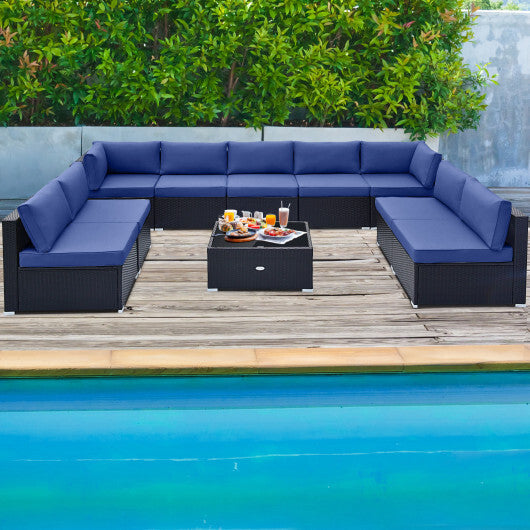 10 Piece Outdoor Wicker Conversation Set with Seat and Back Cushions-Navy - Color: Navy