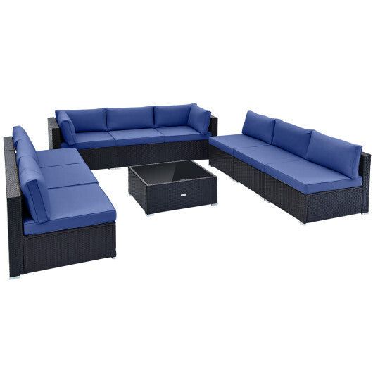 10 Piece Outdoor Wicker Conversation Set with Seat and Back Cushions-Navy - Color: Navy