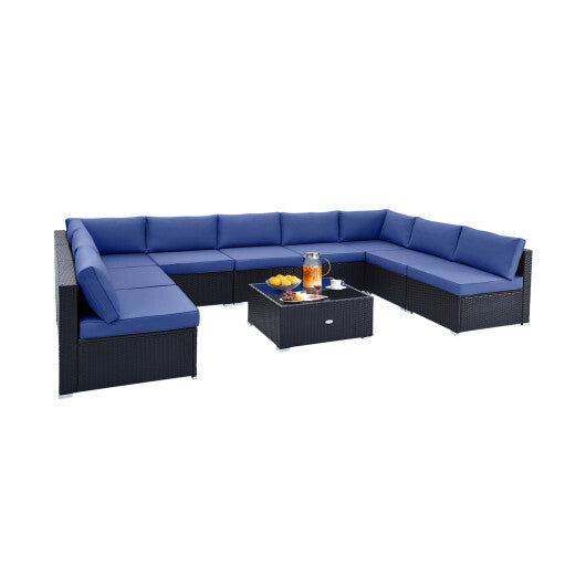 10 Piece Outdoor Wicker Conversation Set with Seat and Back Cushions-Navy - Color: Navy