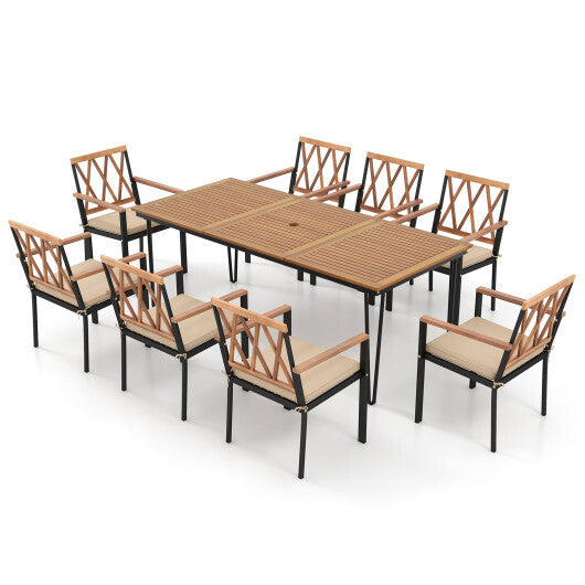 9-Piece Patio Dining Set 35.5 Inch Acacia Wood Table with Umbrella Hole and 22.5-Inch Wide Chairs - Color: Natural