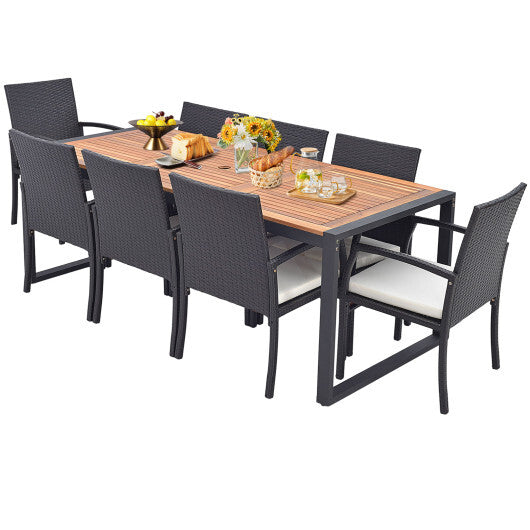 9 Pieces  Patio Rattan Dining Set with Acacia Wood Table for Backyard  Garden-L-shaped Handrail - Color: Brown