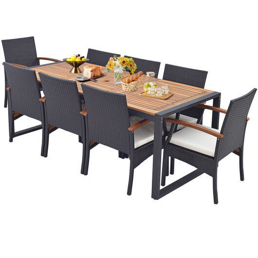 9 Pieces  Patio Rattan Dining Set with Acacia Wood Table for Backyard  Garden-Wood Handrail - Color: Brown