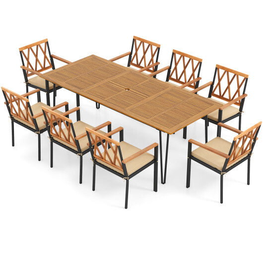 Acacia Wood Outdoor Furniture Set 9 Pieces Patio Dining Set with 8 Chairs - Color: Natural