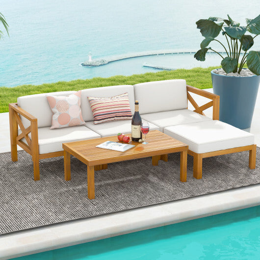 5 Piece Outdoor Conversation Furniture Set with 3 Chairs 1 Ottoman and 1 Coffee Table-White - Color: White