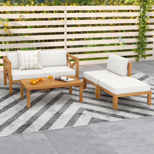5 Piece Outdoor Conversation Furniture Set with 3 Chairs 1 Ottoman and 1 Coffee Table-White - Color: White