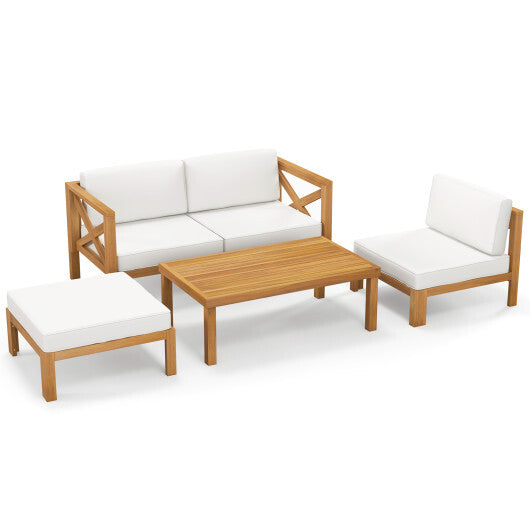 5 Piece Outdoor Conversation Furniture Set with 3 Chairs 1 Ottoman and 1 Coffee Table-White - Color: White
