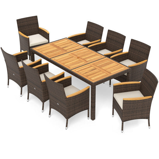 9 Piece Outdoor Dining Set with Acacia Wood Table Top-Beige - Color: Beige