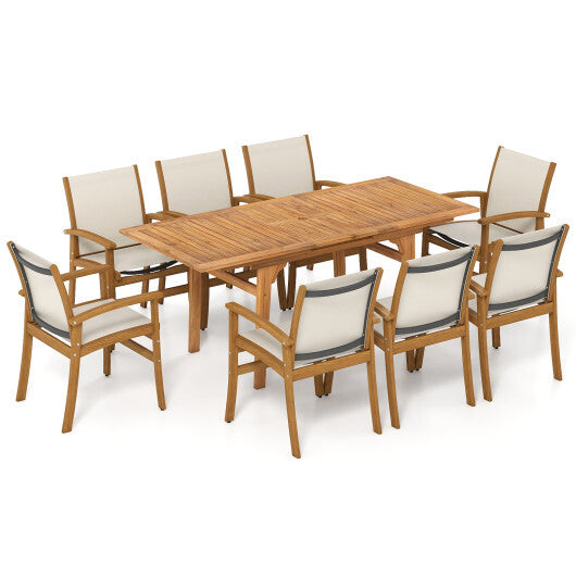 9 Pieces Outdoor Acacia Wood Patio Dining Set for 6-8-Yellow - Color: Beige