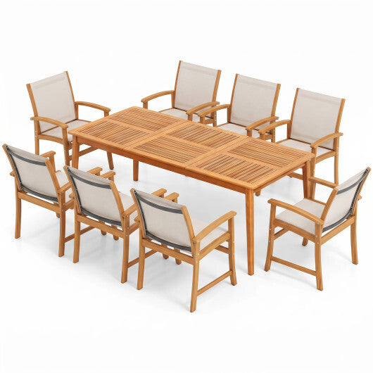 9-Piece Acacia Wood Outdoor Patio Dining Set with 80" Rectangular Table and Breathable Fabric Armchairs-Yellow - Color: Yellow