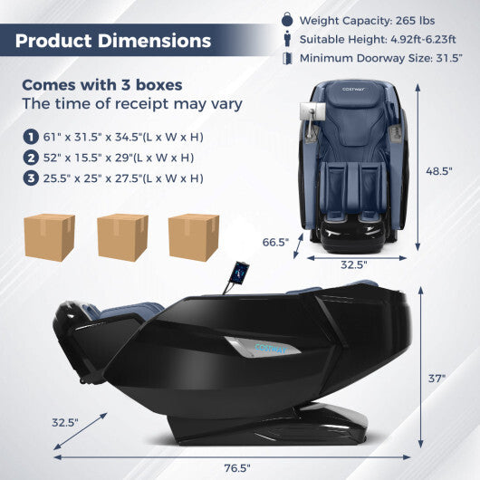 Kenzo 41-7D Dual Roller System Flexible Track Zero Gravity Full Body Massage Chair with Heart Rate Monitor and Health Detecti-Blue - Color: Dark Blue
