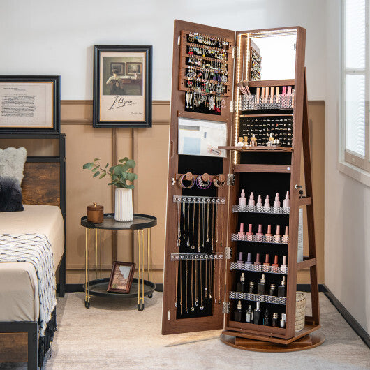 Standing Jewelry Cabinet with Adjustable LED Lights-Brown - Color: Brown