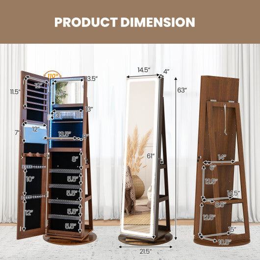 Standing Jewelry Cabinet with Adjustable LED Lights-Brown - Color: Brown