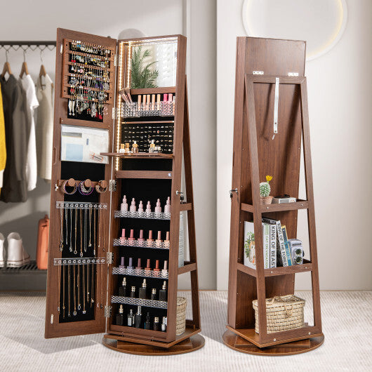 Standing Jewelry Cabinet with Adjustable LED Lights-Brown - Color: Brown