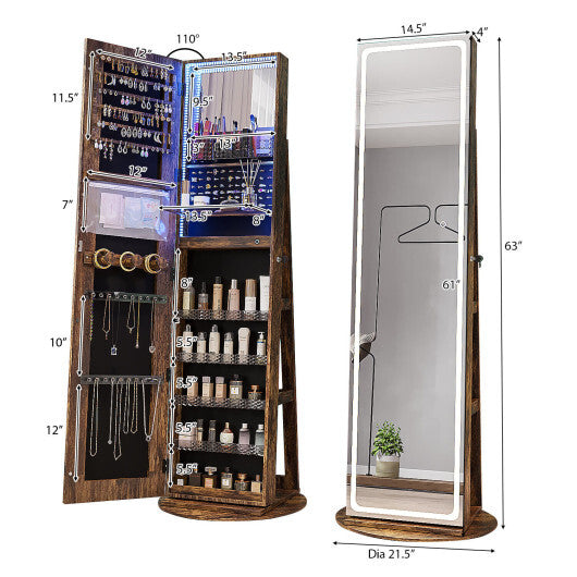 Standing Jewelry Cabinet with Adjustable LED Lights-Coffee - Color: Coffee