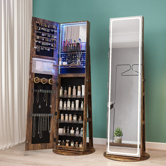 Standing Jewelry Cabinet with Adjustable LED Lights-Coffee - Color: Coffee