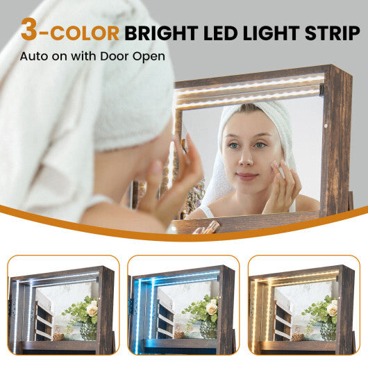 Standing Jewelry Cabinet with Adjustable LED Lights-Coffee - Color: Coffee