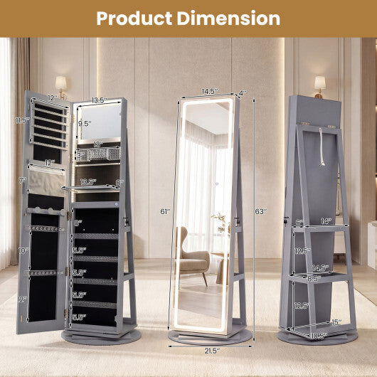 Standing Jewelry Cabinet with Adjustable LED Lights-Gray - Color: Gray