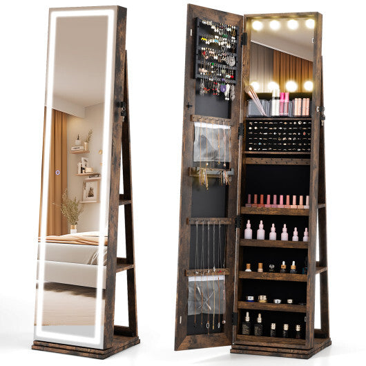 360° Swivel Freestanding Jewelry Cabinet with Lighted Full Length Mirror-Rustic Brown - Color: Rustic Brown