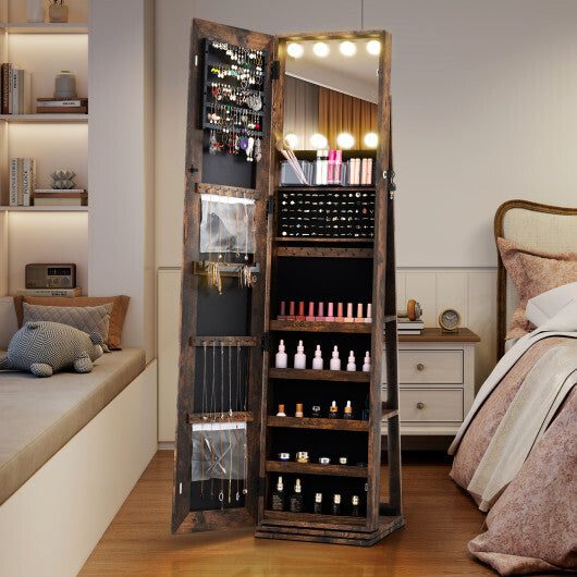 360° Swivel Freestanding Jewelry Cabinet with Lighted Full Length Mirror-Rustic Brown - Color: Rustic Brown