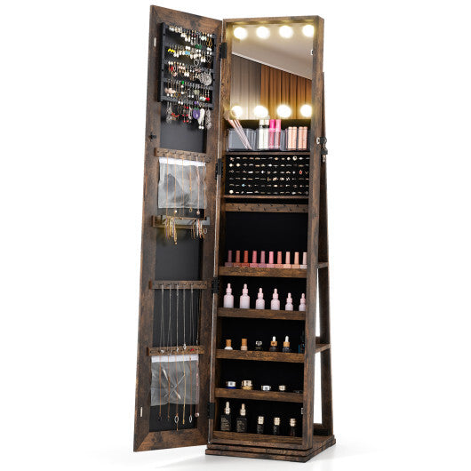 360° Swivel Freestanding Jewelry Cabinet with Lighted Full Length Mirror-Rustic Brown - Color: Rustic Brown