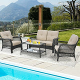 4 Pieces Patio Wicker Furniture Set Loveseat Sofa Coffee Table with Cushion-Beige - Color: Beige