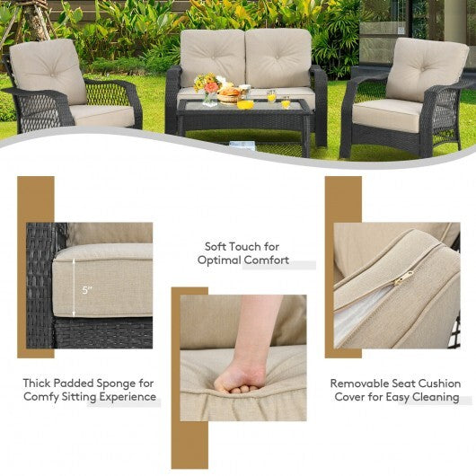 4 Pieces Patio Wicker Furniture Set Loveseat Sofa Coffee Table with Cushion-Beige