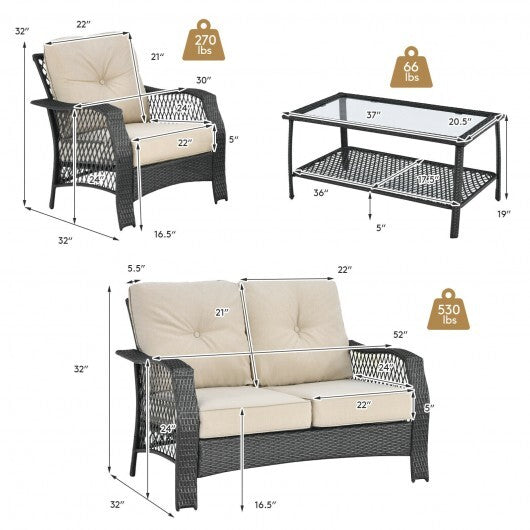 4 Pieces Patio Wicker Furniture Set Loveseat Sofa Coffee Table with Cushion-Beige