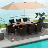 10 Piece Outdoor Dining Set with 15 Feet Double-Sided Twin Patio Umbrella-Brown - Color: Brown