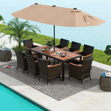 10 Piece Outdoor Dining Set with 15 Feet Double-Sided Twin Patio Umbrella-Brown - Color: Brown