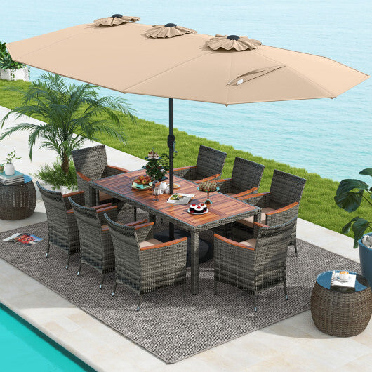 10 Pieces Patio Wicker Dining Set with 15 Feet Double-Sided Patio Umbrella-Brown - Color: Brown