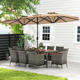 10 Pieces Patio Wicker Dining Set with 15 Feet Double-Sided Patio Umbrella-Brown - Color: Brown