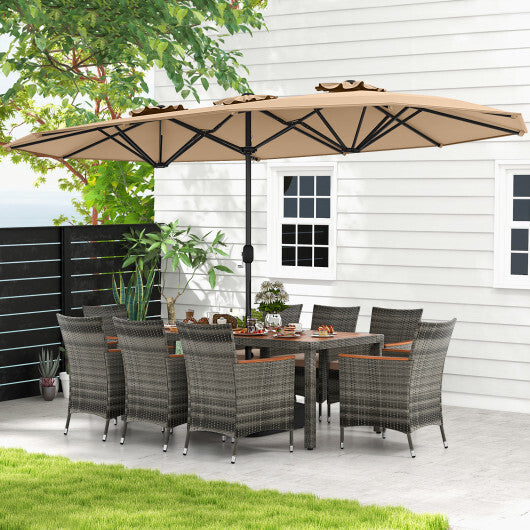 10 Pieces Patio Wicker Dining Set with 15 Feet Double-Sided Patio Umbrella-Brown - Color: Brown
