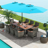 10 Pieces Patio Wicker Dining Set with 15 Feet Double-Sided Patio Umbrella-Turquoise - Color: Turquoise