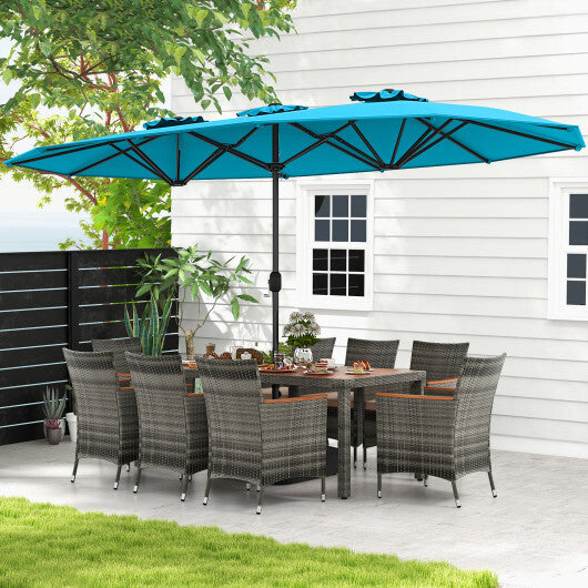 10 Pieces Patio Wicker Dining Set with 15 Feet Double-Sided Patio Umbrella-Turquoise - Color: Turquoise