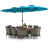 10 Pieces Patio Wicker Dining Set with 15 Feet Double-Sided Patio Umbrella-Turquoise - Color: Turquoise