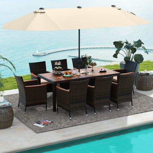 10 Piece Outdoor Dining Set with 15 Feet Double-Sided Twin Patio Umbrella-Beige - Color: Beige