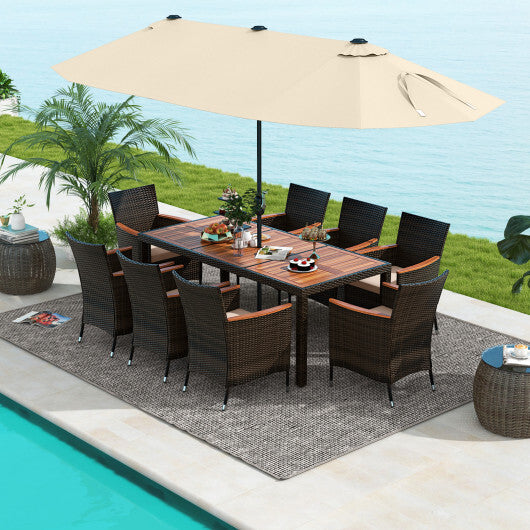 10 Piece Outdoor Dining Set with 15 Feet Double-Sided Twin Patio Umbrella-Beige - Color: Beige