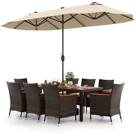 10 Piece Outdoor Dining Set with 15 Feet Double-Sided Twin Patio Umbrella-Beige - Color: Beige