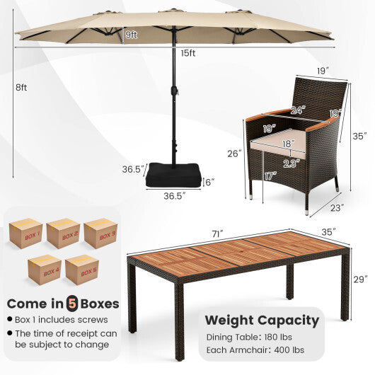 10 Piece Outdoor Dining Set with 15 Feet Double-Sided Twin Patio Umbrella-Beige - Color: Beige