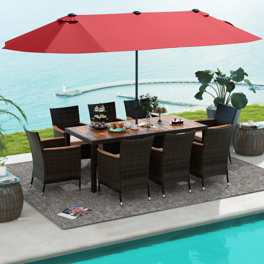 10 Piece Outdoor Dining Set with 15 Feet Double-Sided Twin Patio Umbrella-Red - Color: Red