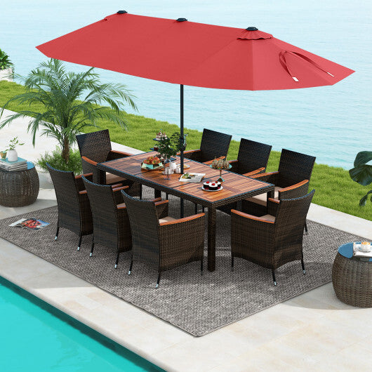 10 Piece Outdoor Dining Set with 15 Feet Double-Sided Twin Patio Umbrella-Red - Color: Red