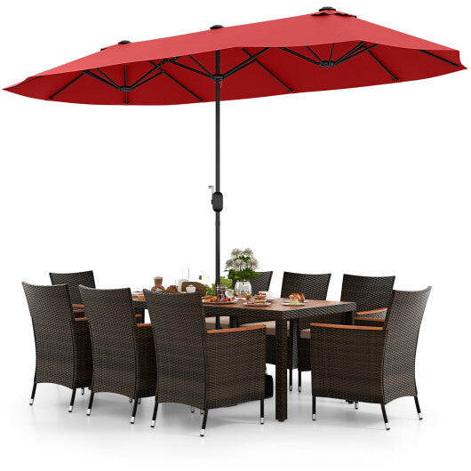 10 Piece Outdoor Dining Set with 15 Feet Double-Sided Twin Patio Umbrella-Red - Color: Red