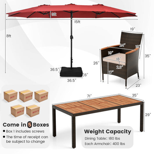 10 Piece Outdoor Dining Set with 15 Feet Double-Sided Twin Patio Umbrella-Red - Color: Red