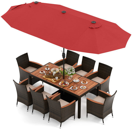 10 Piece Outdoor Dining Set with 15 Feet Double-Sided Twin Patio Umbrella-Red - Color: Red