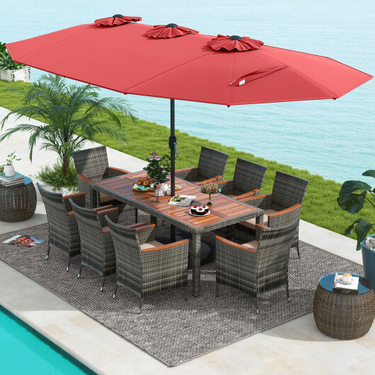 10 Pieces Patio Wicker Dining Set with 15 Feet Double-Sided Patio Umbrella-Red - Color: Red