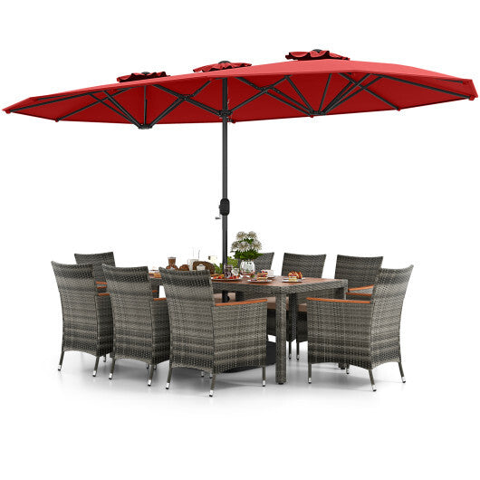 10 Pieces Patio Wicker Dining Set with 15 Feet Double-Sided Patio Umbrella-Red - Color: Red