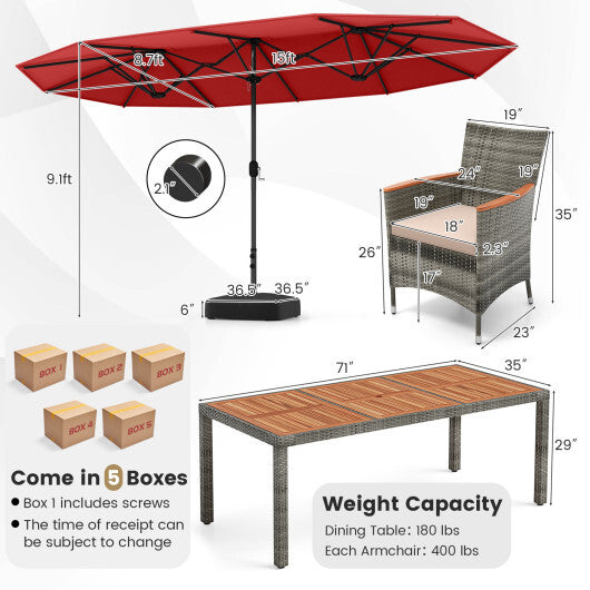 10 Pieces Patio Wicker Dining Set with 15 Feet Double-Sided Patio Umbrella-Red - Color: Red