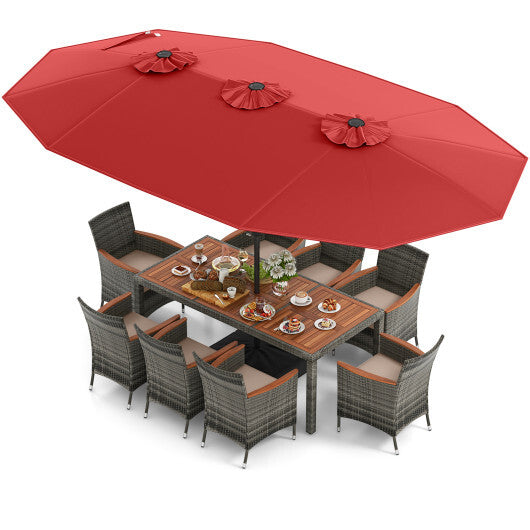 10 Pieces Patio Wicker Dining Set with 15 Feet Double-Sided Patio Umbrella-Red - Color: Red