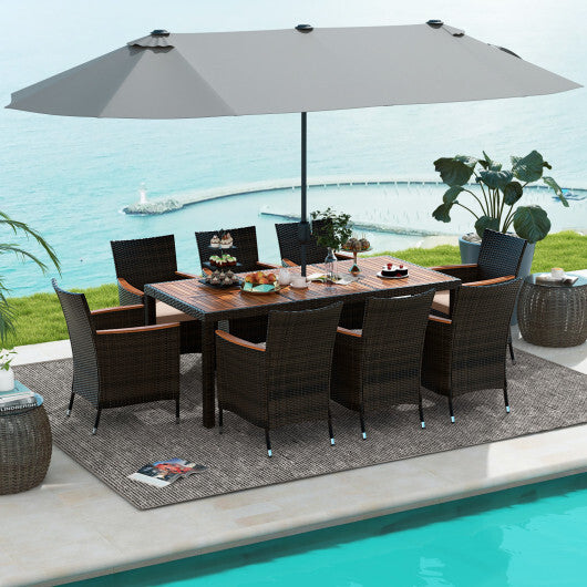 10 Piece Outdoor Dining Set with 15 Feet Double-Sided Twin Patio Umbrella-Gray - Color: Gray
